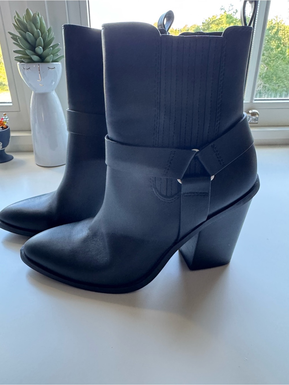 Dolce Vita Black Leather Western Ankle Boots with Block Heel